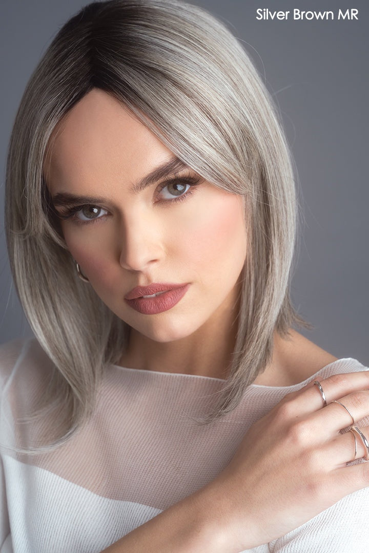 Open Box | High Heat Mid Straight Topper by Rene of Paris | Heat Friendly Synthetic Hair | Silver Brown MR